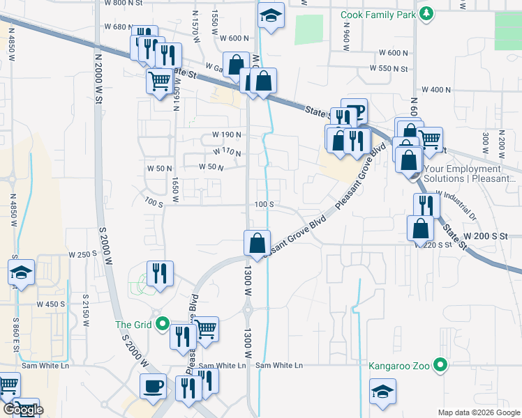 map of restaurants, bars, coffee shops, grocery stores, and more near 145 South 1300 West Street in Pleasant Grove