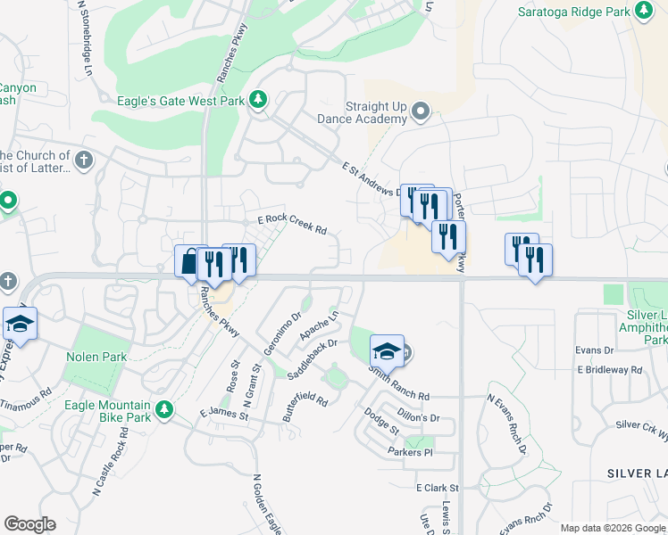 map of restaurants, bars, coffee shops, grocery stores, and more near 8045 North Plum Creek Drive in Eagle Mountain