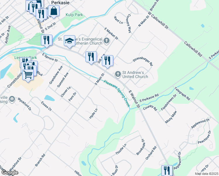 map of restaurants, bars, coffee shops, grocery stores, and more near 515 Pleasant Run Place in Perkasie