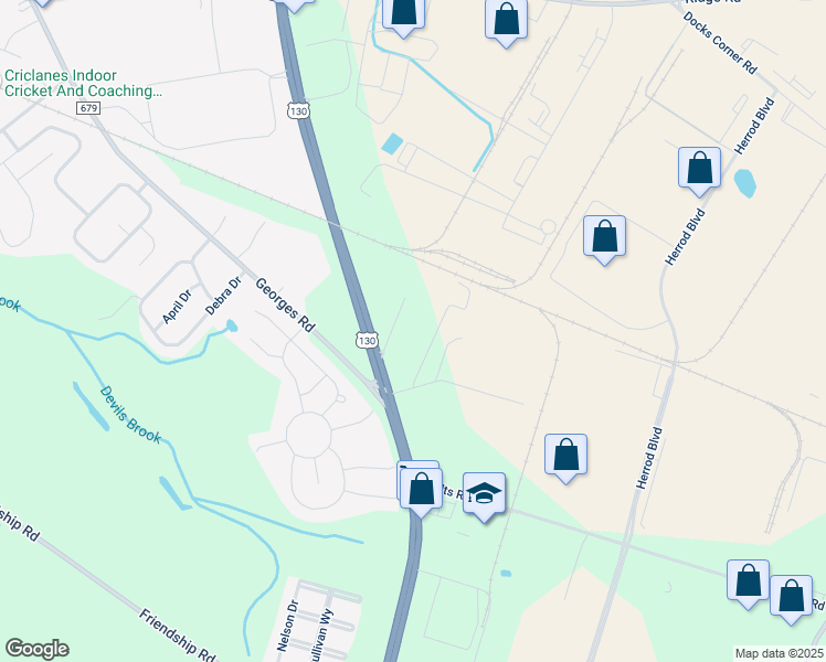 map of restaurants, bars, coffee shops, grocery stores, and more near 2400 U.S. 130 in South Brunswick Township