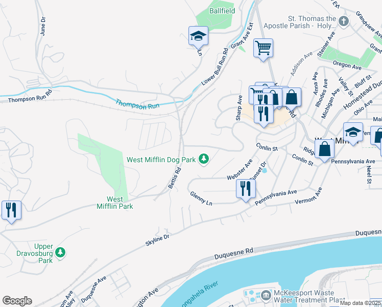 map of restaurants, bars, coffee shops, grocery stores, and more near 2845 Homestead Duquesne Road in West Mifflin