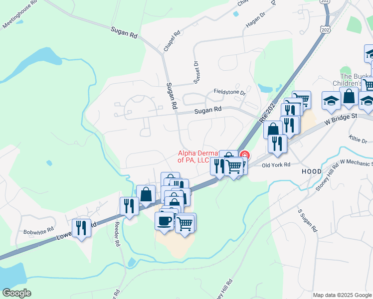 map of restaurants, bars, coffee shops, grocery stores, and more near 3425 Kitchen Lane in New Hope