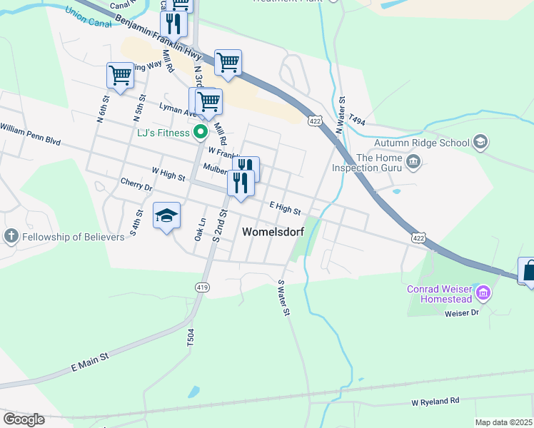 map of restaurants, bars, coffee shops, grocery stores, and more near 8 East High Street in Womelsdorf