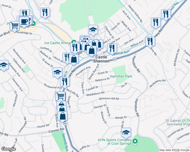 map of restaurants, bars, coffee shops, grocery stores, and more near 3818 Rebecca Street in Pittsburgh