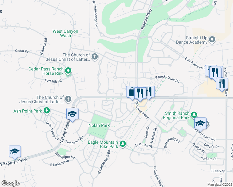 map of restaurants, bars, coffee shops, grocery stores, and more near 7976 Sparrowhawk Circle in Eagle Mountain