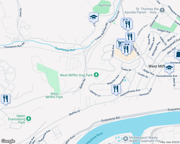 map of restaurants, bars, coffee shops, grocery stores, and more near 2845 Homestead Duquesne Road in West Mifflin