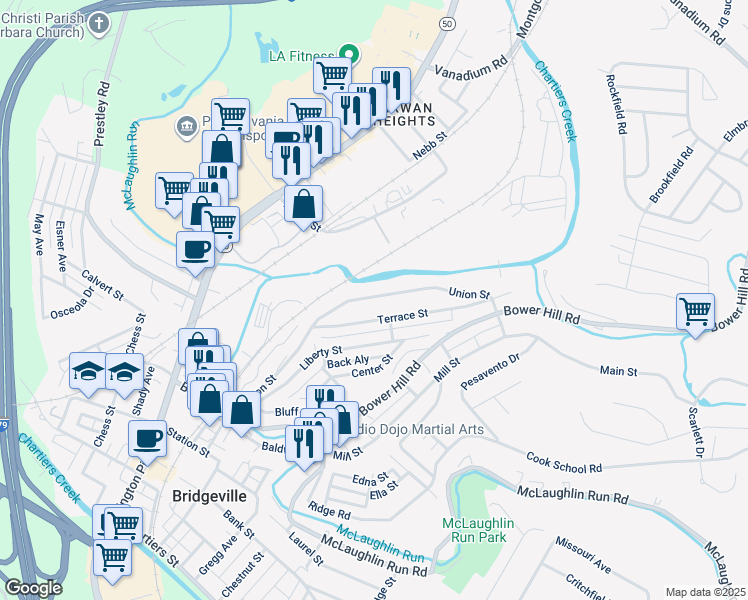 map of restaurants, bars, coffee shops, grocery stores, and more near 1269 Terrace Street in Bridgeville