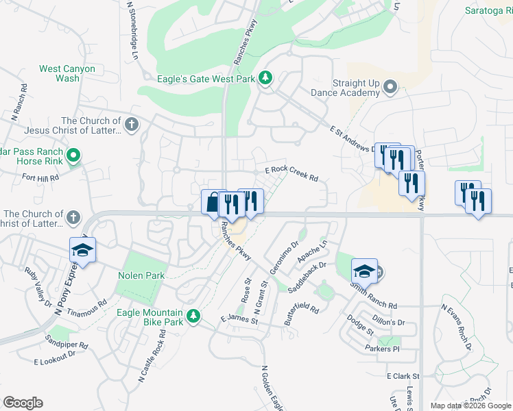 map of restaurants, bars, coffee shops, grocery stores, and more near 3612 East Ruby Lane in Eagle Mountain