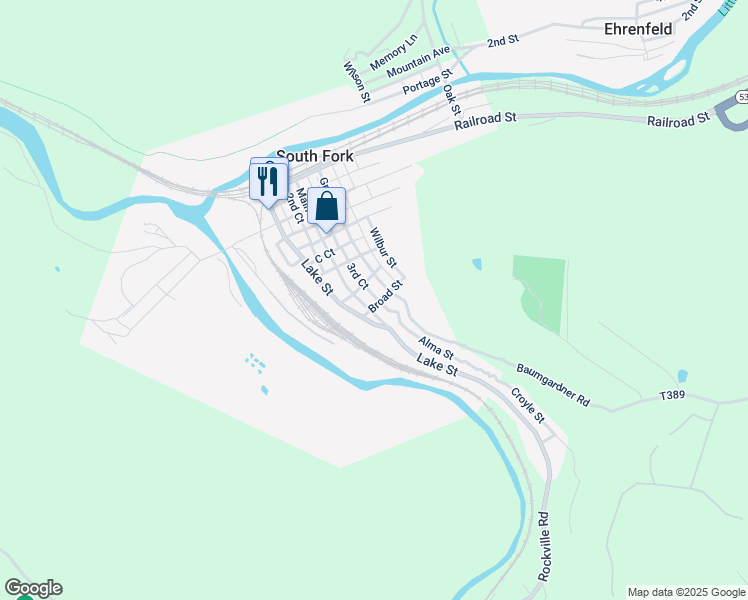 map of restaurants, bars, coffee shops, grocery stores, and more near 612 Main Street in South Fork