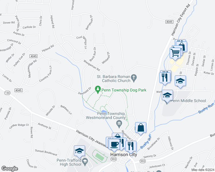 map of restaurants, bars, coffee shops, grocery stores, and more near 133 Common Court in Harrison City
