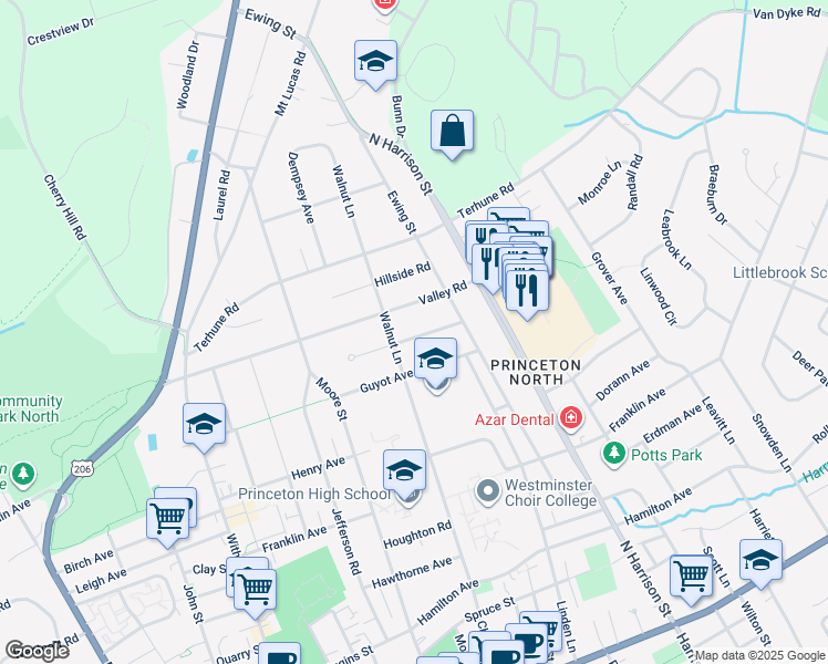 map of restaurants, bars, coffee shops, grocery stores, and more near 18 Oakland Street in Princeton
