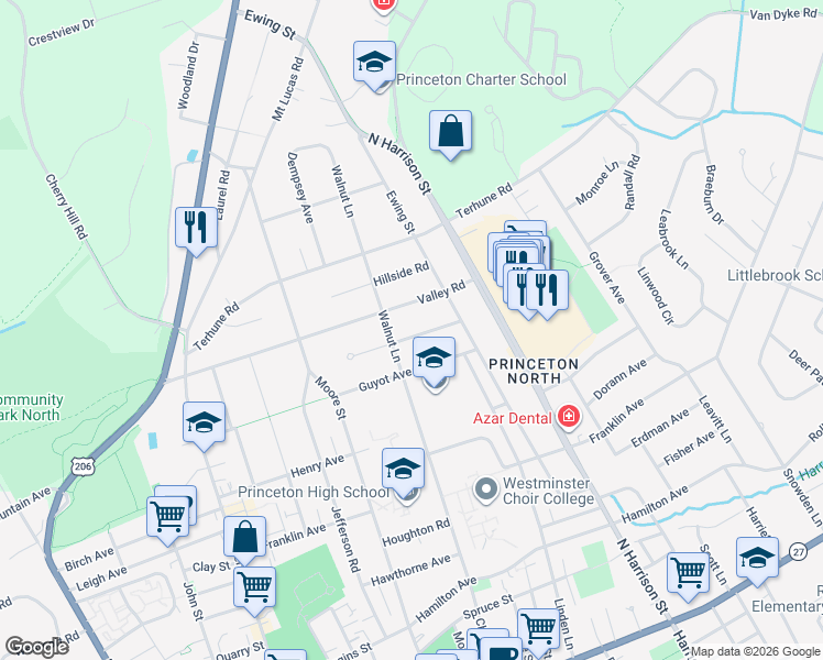 map of restaurants, bars, coffee shops, grocery stores, and more near 206 Guyot Avenue in Princeton