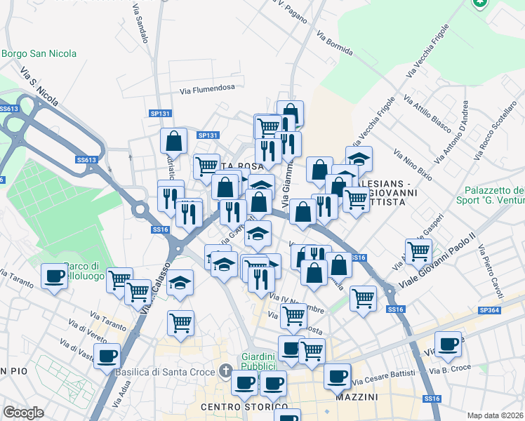 map of restaurants, bars, coffee shops, grocery stores, and more near 9 Via Formoso Lubello in Lecce