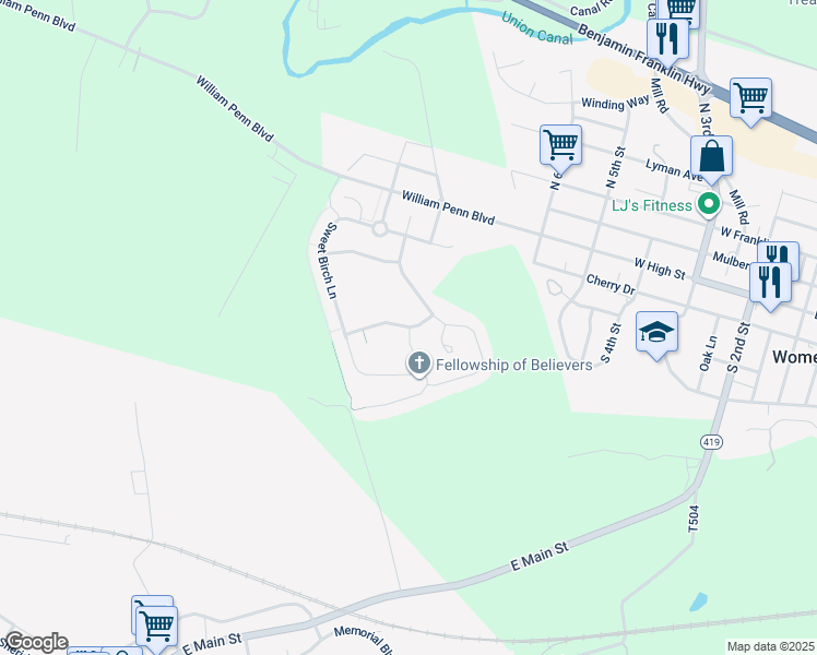 map of restaurants, bars, coffee shops, grocery stores, and more near 3 Apple Blossom Lane in Womelsdorf