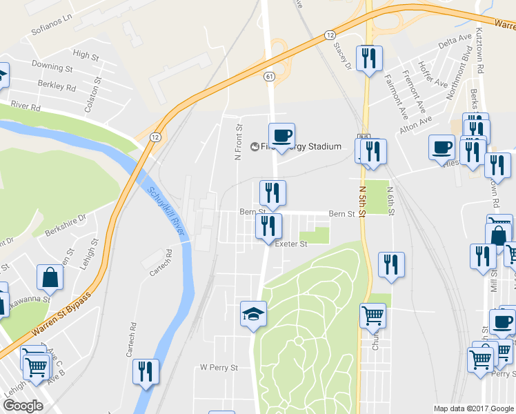 map of restaurants, bars, coffee shops, grocery stores, and more near 141 Bern Street in Reading