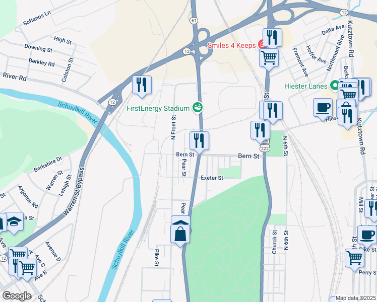 map of restaurants, bars, coffee shops, grocery stores, and more near 141 Bern Street in Reading