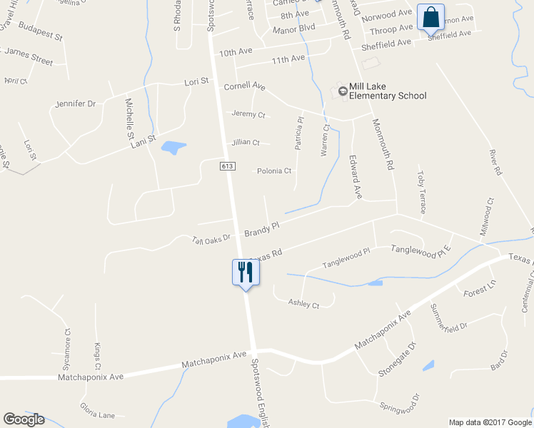 map of restaurants, bars, coffee shops, grocery stores, and more near 5 Driftwood Court in Monroe Township