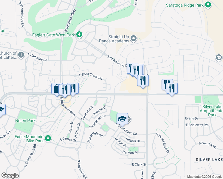 map of restaurants, bars, coffee shops, grocery stores, and more near 7979 North Smith Ranch Road in Eagle Mountain
