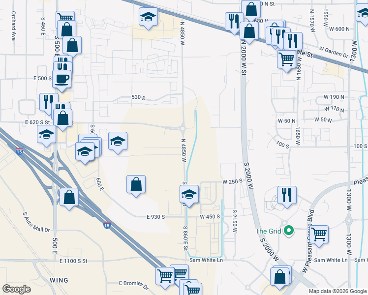 map of restaurants, bars, coffee shops, grocery stores, and more near 684 South 860 East Street in American Fork