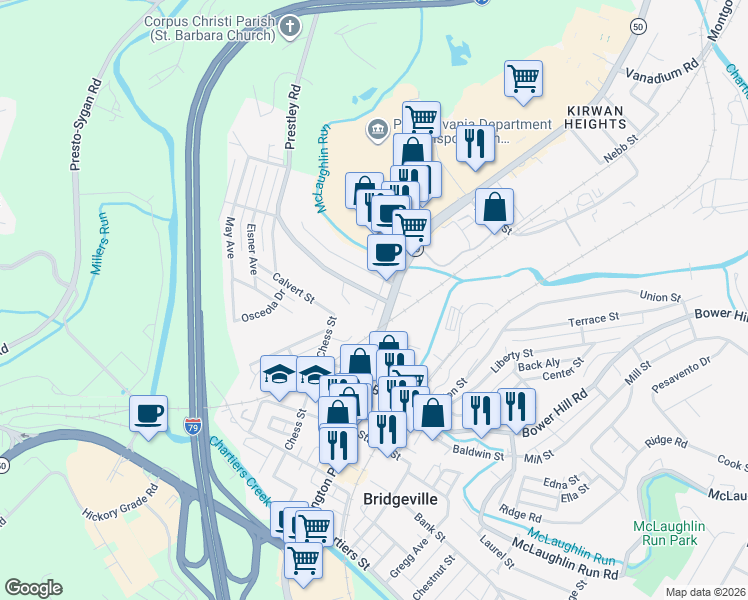 map of restaurants, bars, coffee shops, grocery stores, and more near 318 Washington Pike in Bridgeville