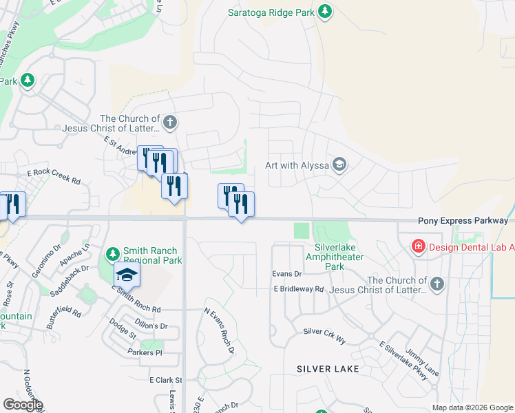 map of restaurants, bars, coffee shops, grocery stores, and more near 4408 Pony Express Parkway in Eagle Mountain