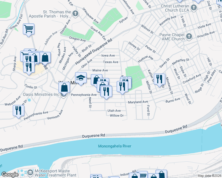 map of restaurants, bars, coffee shops, grocery stores, and more near 1725 Pennsylvania Avenue in West Mifflin