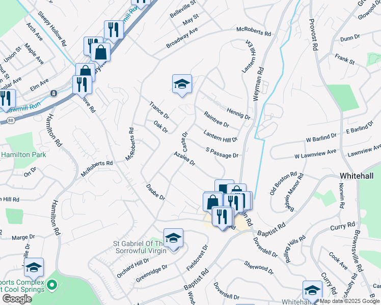 map of restaurants, bars, coffee shops, grocery stores, and more near 5170 Caste Drive in Pittsburgh