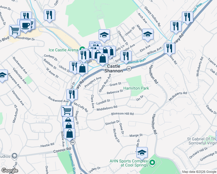 map of restaurants, bars, coffee shops, grocery stores, and more near 3818 Rebecca Street in Pittsburgh