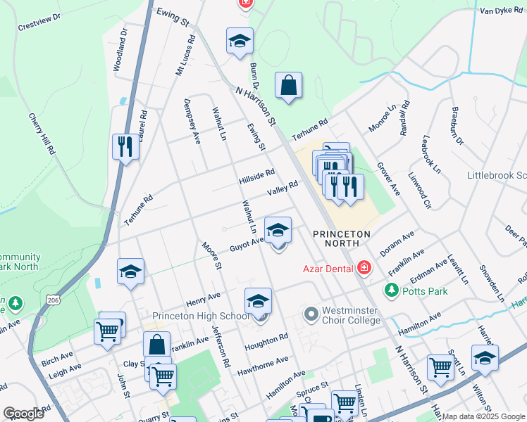 map of restaurants, bars, coffee shops, grocery stores, and more near 18 Oakland St in Princeton
