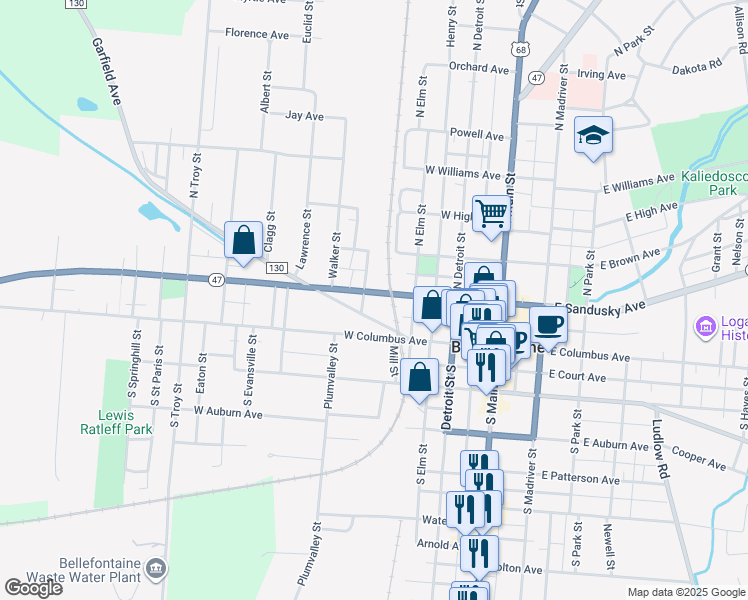 map of restaurants, bars, coffee shops, grocery stores, and more near 367 West Sandusky Avenue in Bellefontaine