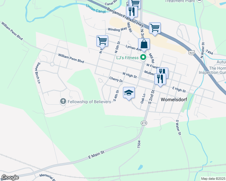 map of restaurants, bars, coffee shops, grocery stores, and more near 216 South 4th Street in Womelsdorf