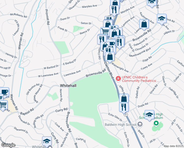 map of restaurants, bars, coffee shops, grocery stores, and more near Brownsville Road in Pittsburgh