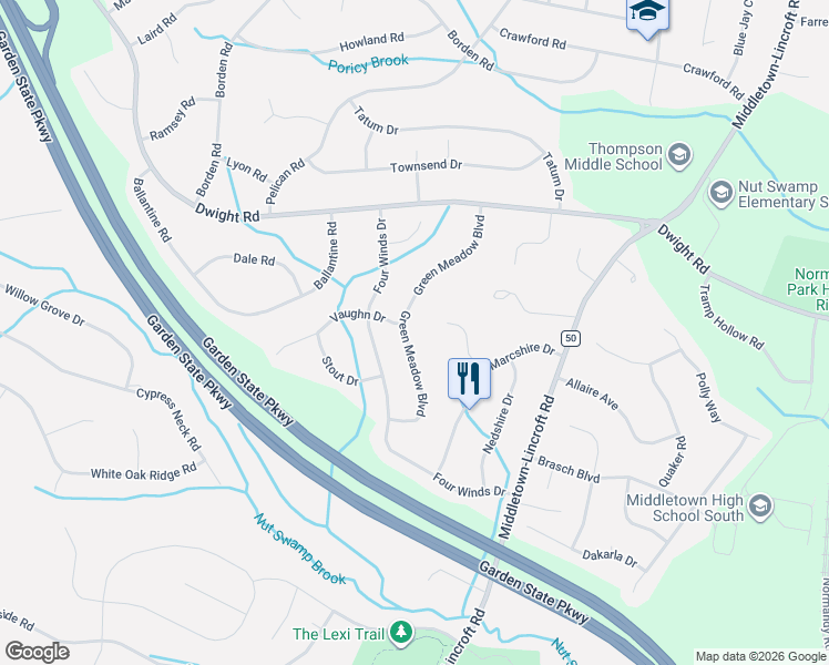 map of restaurants, bars, coffee shops, grocery stores, and more near 47 Green Meadow Boulevard in Middletown Township
