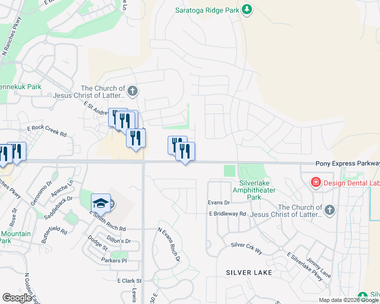 map of restaurants, bars, coffee shops, grocery stores, and more near 4373 East Colt Court in Eagle Mountain