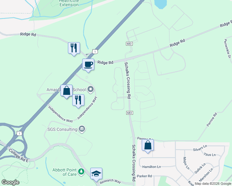 map of restaurants, bars, coffee shops, grocery stores, and more near Schindler Drive in South Brunswick Township