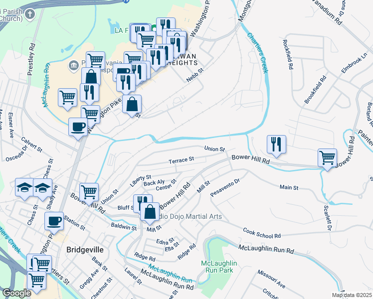map of restaurants, bars, coffee shops, grocery stores, and more near 1322 Union Street in Bridgeville