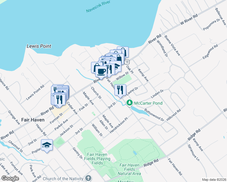 map of restaurants, bars, coffee shops, grocery stores, and more near 161 Fair Haven Road in Fair Haven