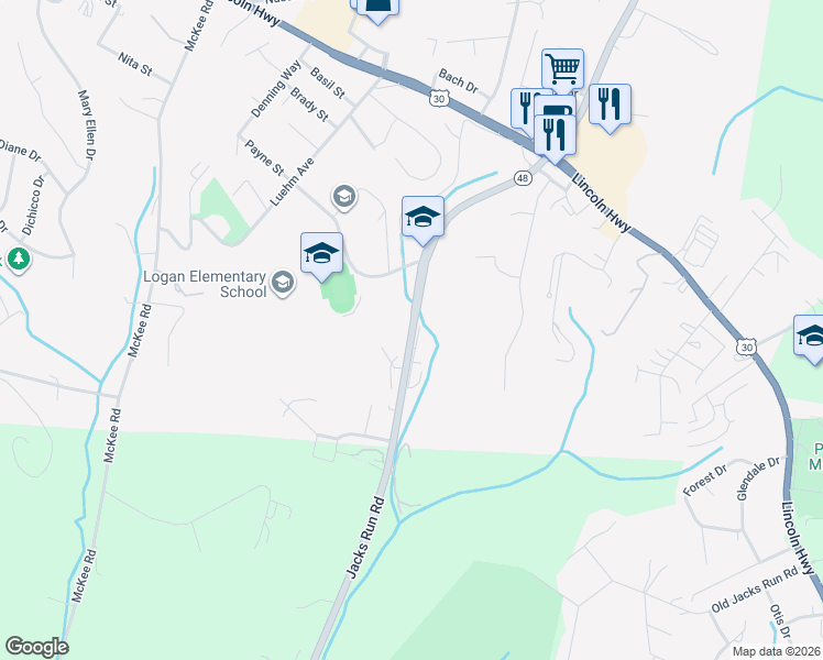 map of restaurants, bars, coffee shops, grocery stores, and more near 1150 Old Jacks Run Road in White Oak