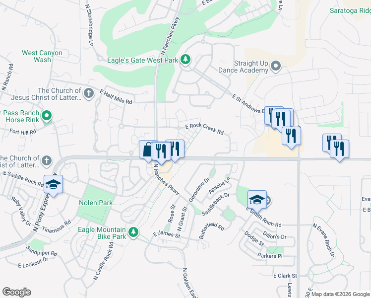 map of restaurants, bars, coffee shops, grocery stores, and more near 8052 North Rock Creek Cove Lane in Eagle Mountain
