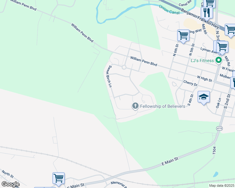 map of restaurants, bars, coffee shops, grocery stores, and more near 83 Apple Blossom Lane in Womelsdorf