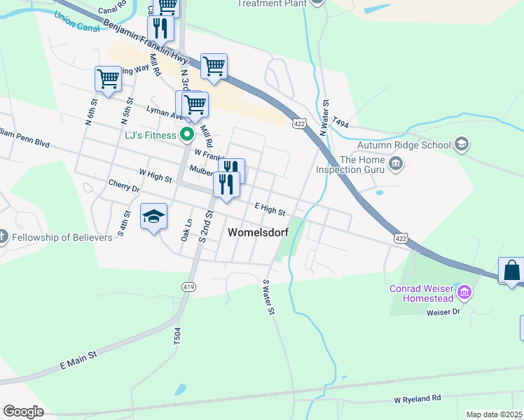 map of restaurants, bars, coffee shops, grocery stores, and more near 22 East High Street in Womelsdorf