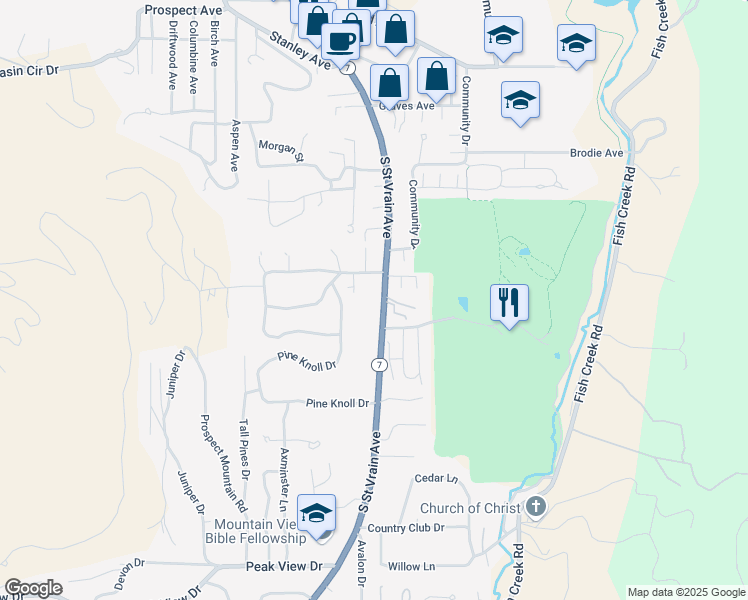 map of restaurants, bars, coffee shops, grocery stores, and more near 941 South Saint Vrain Avenue in Estes Park