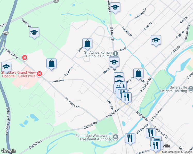 map of restaurants, bars, coffee shops, grocery stores, and more near 41 Noble Street in Sellersville