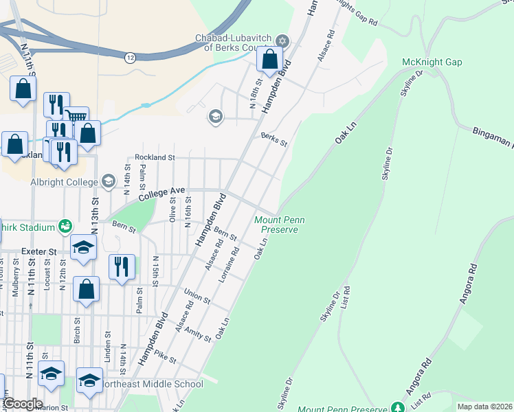 map of restaurants, bars, coffee shops, grocery stores, and more near 1916 Lorraine Road in Reading