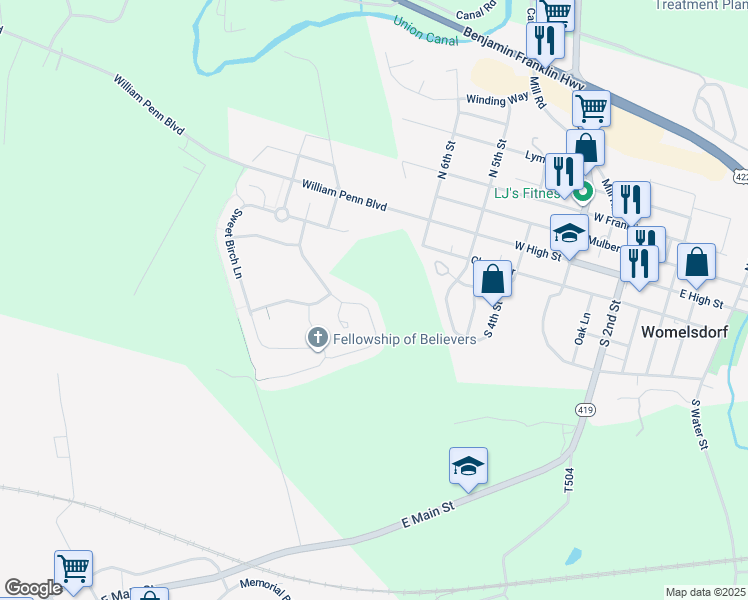 map of restaurants, bars, coffee shops, grocery stores, and more near 225 Copper Beech Lane in Womelsdorf
