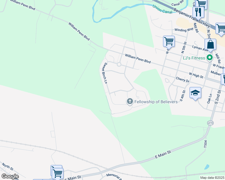 map of restaurants, bars, coffee shops, grocery stores, and more near 83 Apple Blossom Lane in Womelsdorf