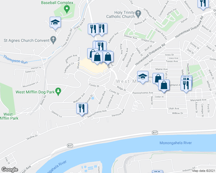 map of restaurants, bars, coffee shops, grocery stores, and more near 2124 Worton Boulevard in West Mifflin