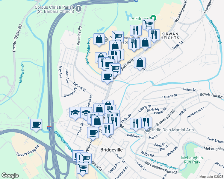 map of restaurants, bars, coffee shops, grocery stores, and more near 112 Washington Avenue in Bridgeville