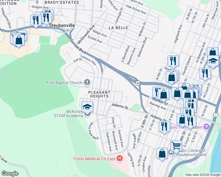 map of restaurants, bars, coffee shops, grocery stores, and more near 1302 Orchard Avenue in Steubenville