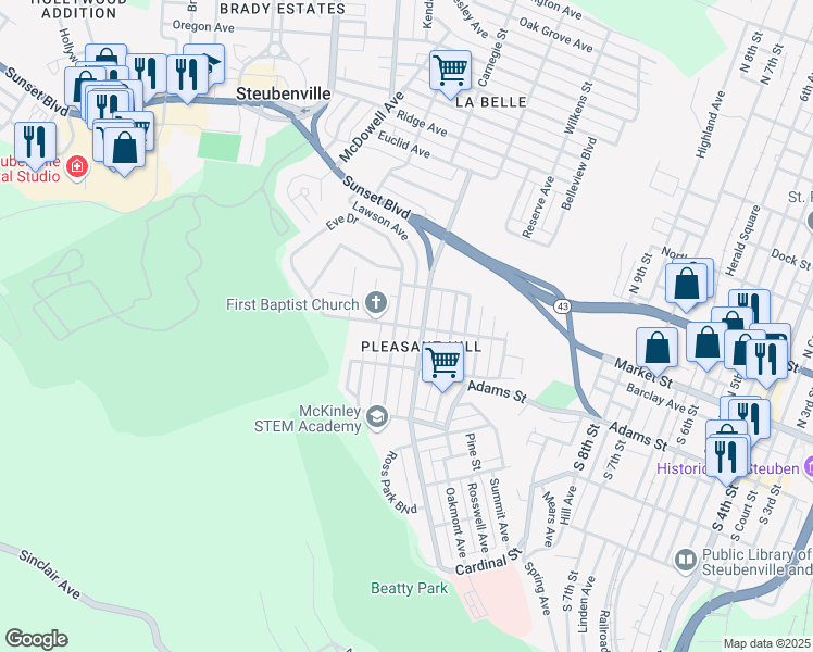 map of restaurants, bars, coffee shops, grocery stores, and more near 327 Union Avenue in Steubenville